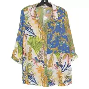 NWT Rose + Olive Top 3/4 Sleeve Patchwork Animal Floral Boho Resort Button 1X