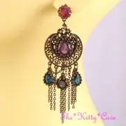 Vintage Deco Filigree Bronze Ethnic Ornate Rainbow Gems Drop Chandelier Earrings