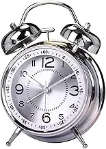 AIMALL Retro Twin Bell Metal Alarm Clock – Silent Quartz Analogue Desk Clock with Loud Ring, Night Light, No-Ticking, Battery Operated, 6.5"x4.5", Blue/Silver