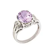 Sterling Silver RH-plated Oval Checker-Cut Pink Quartz u0026 Diamond Gemstone Birthstone Ring Fine Jewelry Gift for Her