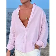 Men's Shirt Linen Shirt Summer Shirt Beach Wear Button Up Shirt Plain Casual Daily Black White Pink Blue Long Sleeve Lapel Spring Summer Clothing Apparel