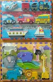 2 Chunky Wooden Puzzles 8 pieces each Melissa & Doug Safari Animals Vehicles New