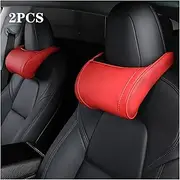 Neck Pillow Headrest Pillow Leather Memory Neck Waist Cushion Auto Seat Head Support Model3 Accessories Compatible With Tesla Model 3 Y X S(Red-2 PCS)