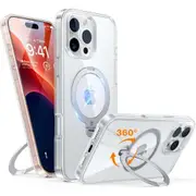 Torras iPhone 16 Pro (6.3") Ostand Spin Case - Clear All in One: Magnetic / Stand / Ring Holder - 360 Spin [X00FX1986]