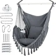 Extra Large Hammock Chair Swing with Hardware Kit, Papasan Chair, Hanging Macrame Chair Cotton Canvas, Include Carry Bag & Two Soft Seat Cushions, for Bedroom Indoor Outdoor(Grey)