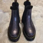 Dr. Martens Womens 2976 Faux Fur Lined Metallic Platform Boots Sz 6 Black