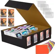 Trading Card Box, 4 Rows PU Leather Magnetic Trading Card Storage Box for 3000+ Cards, Card Deck Box with 24 Colourful Dividers for Magic The Gathering Cards MTG TCG (Black Gold)