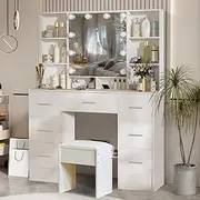 Buildonely Hollywood Vanity Table, Large Vanity Set with Mirror and Lights, 7 Drawers 8 Shelve Makeup Desk with Chair for Girls and Women
