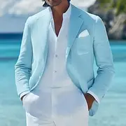 Men Linen Blazer Sport Coat Casual Daily Vacation Spring Summer Cotton And Linen Solid Color Comfy Single Breasted Two-button Blazer Beige Light Blue