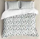 Duvet Cover Set, Tribal Themed Pattern with Wigwam Tents and Trees, Decorative