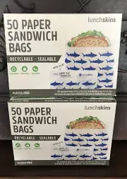 Lot X 2 Lunchskins Recyclable + Sealable Paper Sandwich Bags, 50-count EA Shark