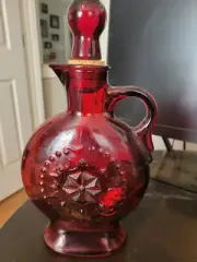 Vintage Wheatonware Ruby Red Star Decanter Glass Bottle Handle Cork Stopper MCM