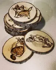kitty coaster real wood burning pyrography aspen wood gift Present Cat Lover Art