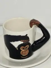 World Market Hand Painted Monkey Chimpanzee 3D Arm Cup & Saucer Set of 2