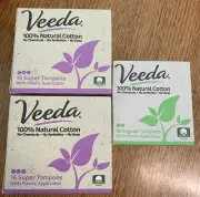 Veeda 100% Natural Cotton Compact Applicator Tampons Super & Regular 3 Pack