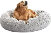 Bedfolks Calming Donut Dog Bed, 91CM Round Fluffy Dog Beds for Large Dogs, Anti-Anxiety Plush Dog Bed, Washable Pet Bed with Non-Slip Bottom (Light Grey, Large)