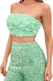 LOT $70 NWT Size XL Noyiva 3D Flower Tube Top Sequin Flare Pants Disco Jumpsuit