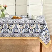 Horaldaily Arabesque Square Tablecloth 60x60 Inch, Yellow and Blue Floral Rustic Washable Seasonal Table Cover for Party Picnic Dinner Decor