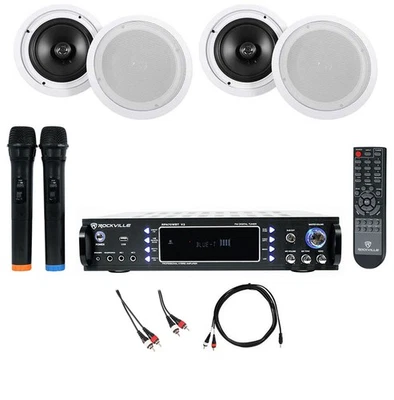 Rockville RPA70WBT Bluetooth Karaoke Amplifier+(4) 8" Ceiling Speakers+Mics