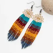 Turquoise Yellow Red Bead Stitched Lotus Dangle Earrings