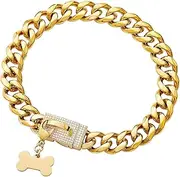 Yowity 18K Gold Dog Chain Collar with Bling Cubic Zirconia Secure Buckle,15MM Stainless Steel Cuban Link,Pet Jewelry Luxury Necklace with ID Tag,Metal Choke Collar for Small Medium&Large Dogs