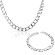 Sterling Silver Mens Cuban Curb Link Chain Necklace Bracelet Set Made in Italy