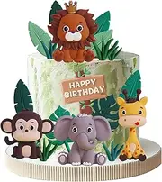 Chris.W 25 PCS Safari Animal Cake Topper Set, Jungle Wild Cake Toppers with Lion Giraffe Monkey Elephant Fake Leaves Grass Cake Decoration for Safari Animals Themed Birthday Party Supplies