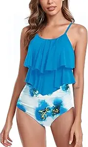 [FLYILY] Two Pieces Swimsuit for Women Double Level Ruffled Flounce Top with High Waisted Bottom Bikini Set Tummy Control Swimwear Bathing Suits