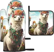 3 pcs Oven Mitts and Pot Holders Set 500°F Heat Resistant Oven Gloves and Hot Pads Kitchen Mittens Mexican Llama Cactus Cooking Gloves Potholders for Baking Grilling