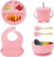Eliano 6 Piece Silicone Baby Set - Non-Slip Plate, Bowl, Cup with Straw, Fork, Spoon, Bib - Dishwasher Safe, BPA Free, Microwave Safe - for Ages 6 Months and Up