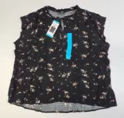 BUFFALO Women's Black Floral Shirt Size 2X Blouse Tie Front Ditsy Bouquet NWT