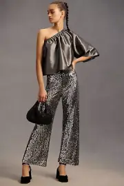 NWT Anthropologie Colette Cropped Wide-Leg Sequin Pants 28 Silver Cocktail $198