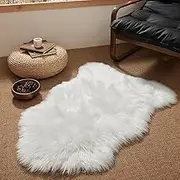 Faux Sheepskin Rug, Shearling, Artificial Wool Mat, Washable, Fluffy, Soft, Long Hair, Anti-Slip, Rug Mat, 25.6 x 39.4 inches (White, 65 x 100 cm)