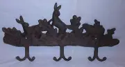 CAST IRON RUST FINISH 3 RABBITS WITH OAK LEAVES COAT HOOK (3 DOUBLE HOOKS)