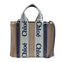 在飛比找Yahoo奇摩購物中心優惠-CHLOE 經典WOODY系列亞麻帆布手提/斜背包(小-藍/