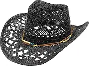 [Generic] Cowboy Hats for Women Classic Straw Cowgirl Beach Hat Music Festival Party Adult Sun Straw Western Cowboy Hats, E-black, One Size, E-black, One Size