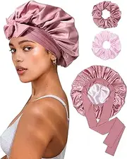Reversible Satin Bonnet for Sleeping Women Double Layer Hair Bonnet with 2PCS Hair Scrunchies Elastic Tie Band Night Cap, Bean Paste + Pink, One Size
