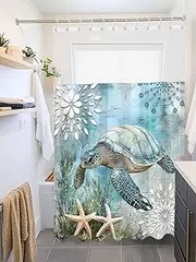 Clblhlolkuy Waterproof Shower Curtain for Bathroom, Sea Turtle Retro Ocean Starfish Coral Blue Teal Hotel Fabric Soft Bath Curtain with Semi-Transparent Top Window & Hooks, 72"x72"
