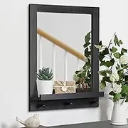 AOAOPQ Rectangular Wood Hanging Mirror with Shelf and Hooks Rustic Point Grey Wooden for Living Room Bedroom Entrance Hallway Farmhouse Frame