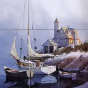 Yacht Sea Mural Tumbled Marble Backsplash Tile #108