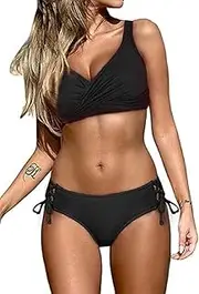 [Generic] Women's Lace Up Bikini Swimsuit Set V Neck Push Up Two Piece Bathing Suit