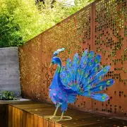 Peacock Garden Decor, Metal Yard Art for Outdoor Decoration, Blue