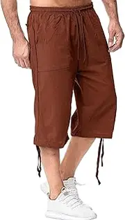 [JEShifangjiusu] Men's Causual 3/4 Long Cotton Shorts Drawstring Elastic Waist Cargo Straight Shorts Wide Leg Baggy Pants, Orange B1, L