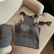 Scoop Neck Star Accent Buckled Padded Crop Tank Top Gray - One Size