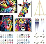 VIGEGU 4 Pack Paint by Numbers Kit for Adults Framed Canvas - with Wooden Easel,Adults' Paint-by-Number Kits Cat Giraffe Wolf Lion DIY Acrylic Animal Oil Painting Arts Crafts 7.8x11.8inch