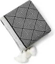 Black and White Modern Diamond Knit Throw Blanket with Tassels – 50" x 60"