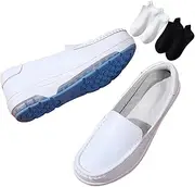 [ZSCAL] Mother's Day Nursing Shoes, White Leather Breathable Wedge Nursing Shoes for Women, with Flat Boat Socks 2 Pairs White, Slip-On Non-Slip Buffer Wipeable Nonslip Hospital Shoes