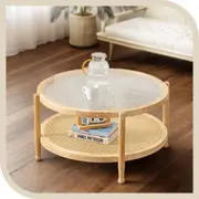 Furb 80CM Coffee Table Round Side Table with Tempered Glass & Rattan Storage Shelf for Living Room