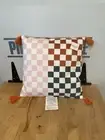 Decorative Checkered Throw Pillow with Tassels, Pink,Green, Orange 14x14