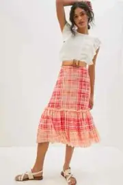 NWT ANTHROPOLOGIE EVA FRANCO KYM FLOUNCED MIDI SKIRT- SIZE LARGE
